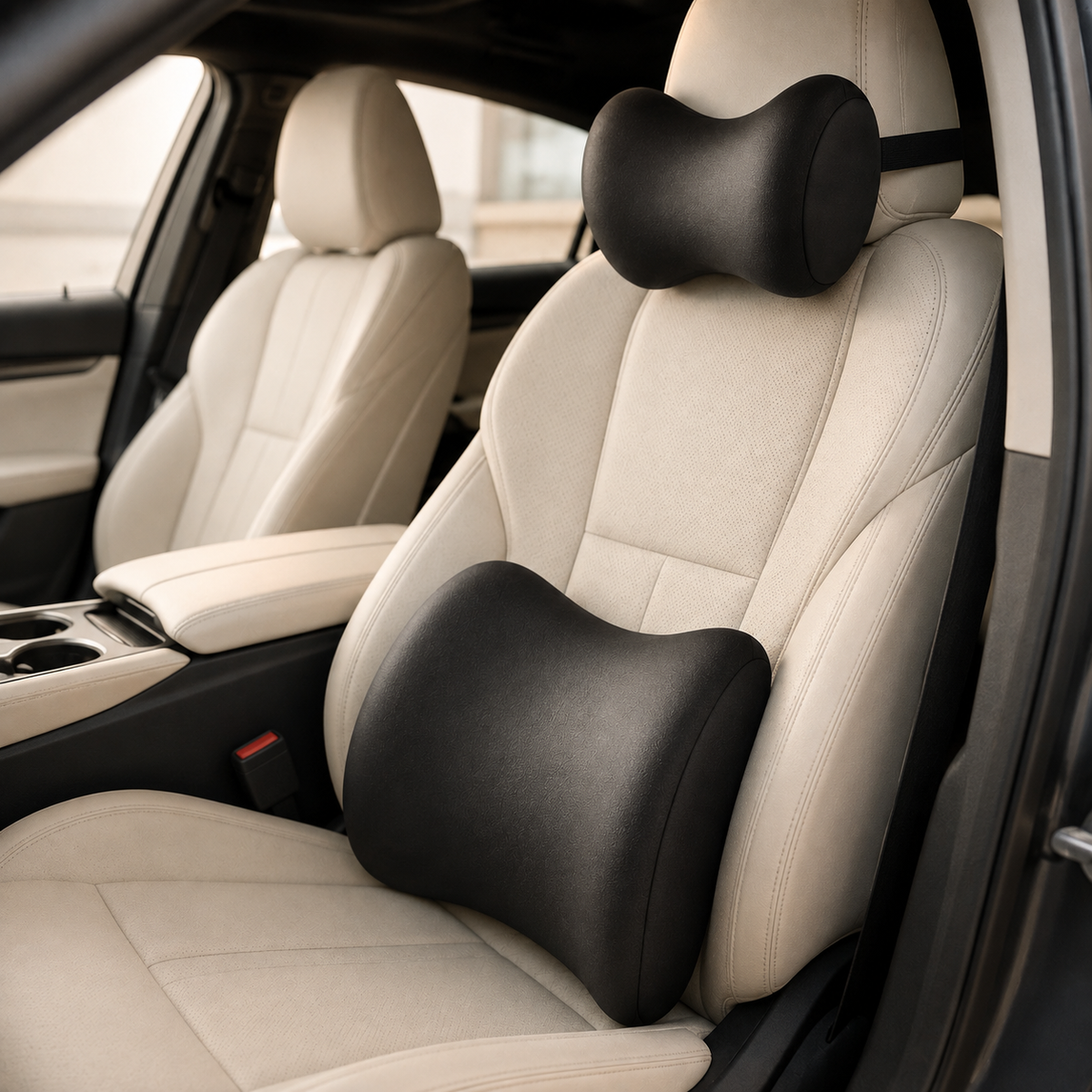 Pack Confort Coche Calidae: cojín de respaldo y almohadilla de reposacabezas negros en asiento de coche