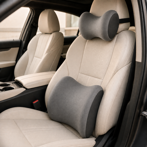 Pack Confort Coche Calidae: cojín de respaldo y almohadilla de reposacabezas grises en asiento de coche